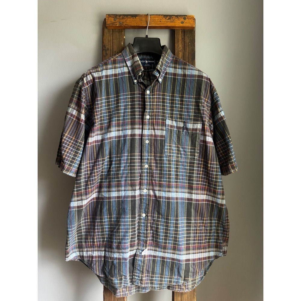 Ralph Lauren Blaire Mens XL Short Sleeve Button Down Shirt Brown Blue Plaid